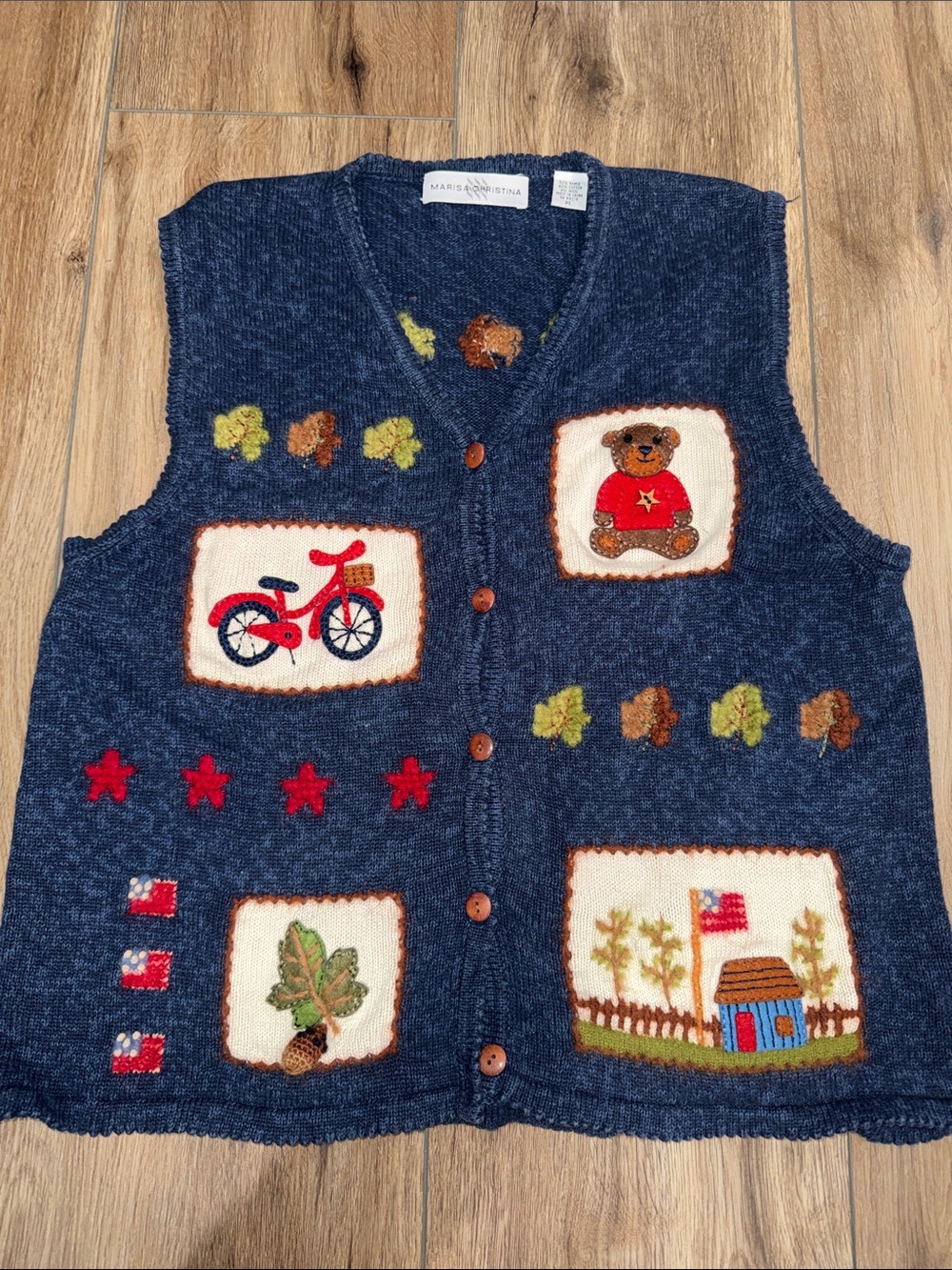 Vintage Marisa Christina Fall Leaves Bear Bicycle Embroidered Sweater Vest XL